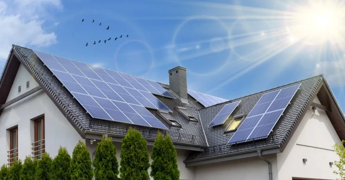 A modern house with multiple solar panels installed on the roof, sun shining brightly, blue sky, lens flare, and a flock of birds flying overhead. Green shrubs line the front of the house.
