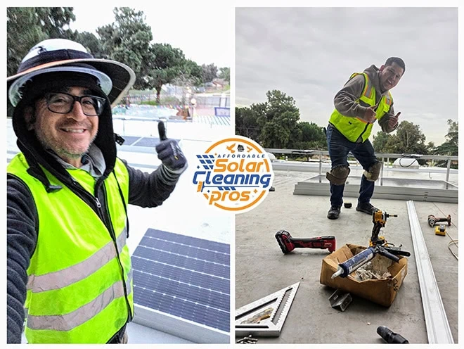 Two workers in safety gear and reflective vests install solar panels on a rooftop. One smiles and gives a thumbs-up, while the other gestures enthusiastically. Tools and a logo reading “Solar Cleaning Pros” are visible.