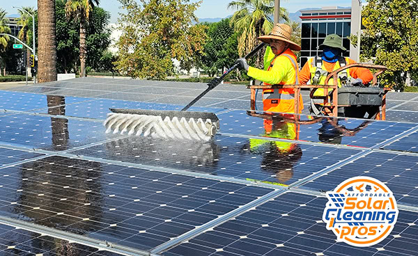 Two workers in bright safety gear clean solar panels outdoors with a large brush and water. Trees and buildings can be seen in the background. A circular "Solar Cleaning Pros" logo is in the bottom right corner.
